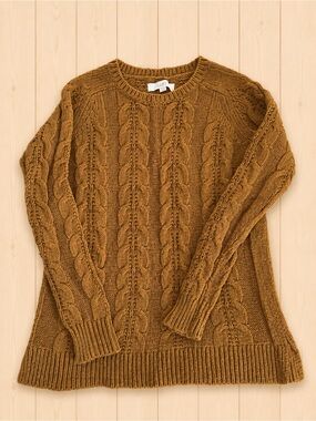 LOFT Cable Knit Sweater Mustard Ochre Brown Small